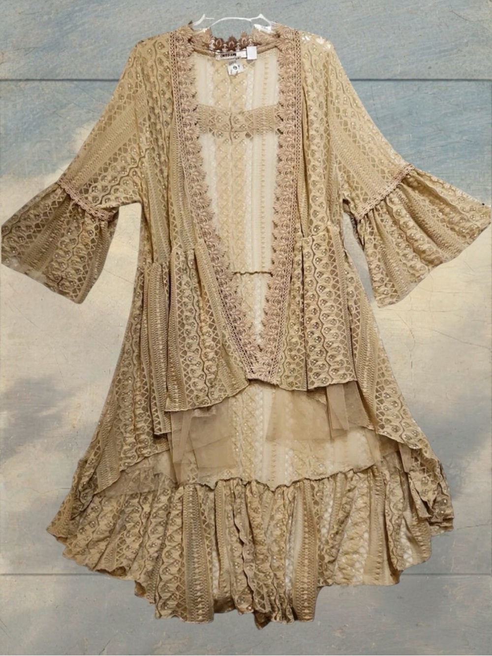 NWT Origami kimono Lace cardigan beige nude waterfall Front- layered‎ tiers XXL - Picture 3 of 16